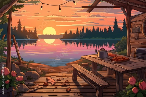 picnic setup on a wooden dock by a log cabin on a sunset lake  magazine style illustration