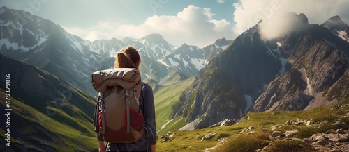 Portrait young woman wearing a backpack in mountain at sunny day. AI generated image