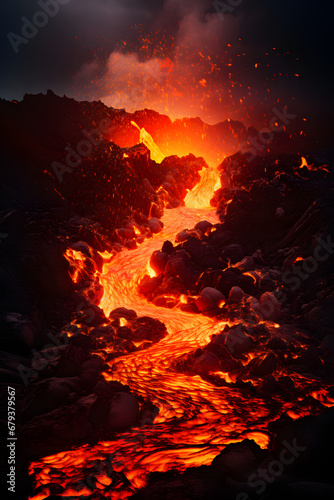 volcanic eruption, streams of incandescent lava flow down the slope. fire magma.