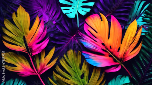 Creative fluorescent color made of tropical leaves neon colors abstract background