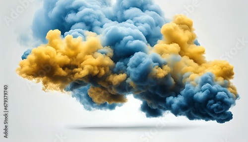  blue and yellow dense smoke cloud, isolated, white background.