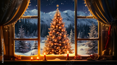 Christmas background with burning candles on the background of a window with a snowy landscape. Beautiful Christmas interior. Christmas tree on the background of the window.
