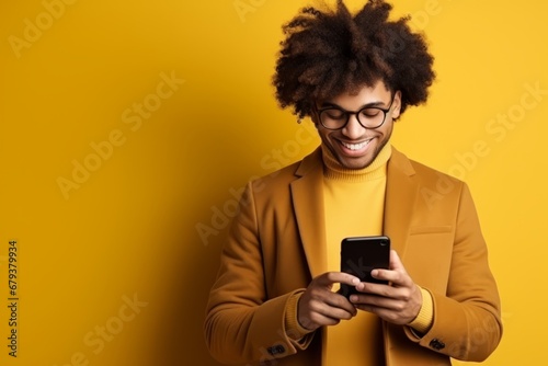 Studio portrait of young African American man with smartphone in yellow clothes on yellow background. Positive guy with Afro haircut texting message, enjoying online communication, using app.