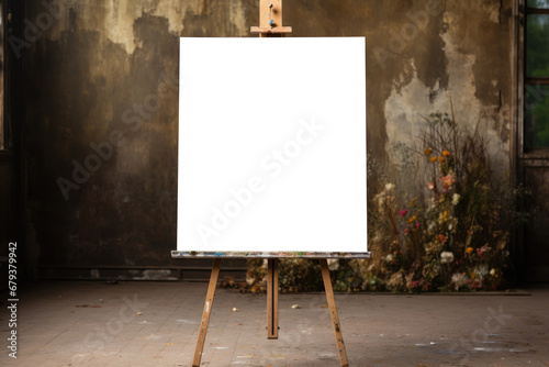 A blank canvas on an artist's easel with potential for creative artwork. Concept of artistic inspiration. Generative Ai.