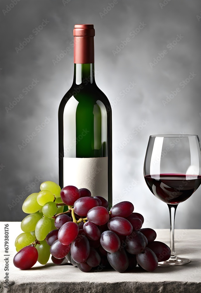 Illustration of wine bottle, glass of wine, and a bunches of  grapes on a table. Gray background. Production at winery.. Mockup, banner, background.