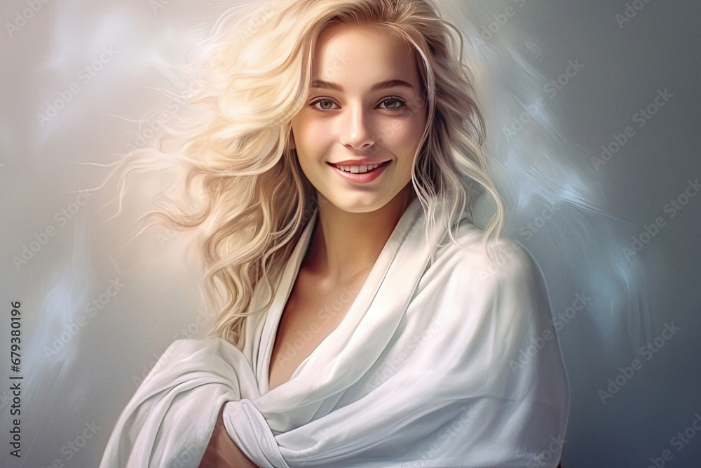 Fototapeta premium Beautiful blond woman in white is smiling