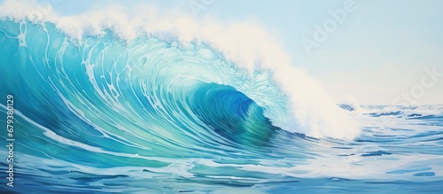 Portrait Beautiful huge sea waves with foam of blue and turquoise color with clear sky.