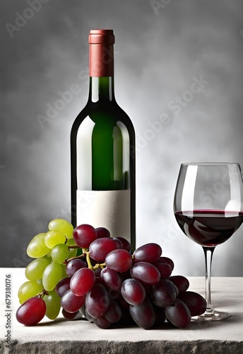 Illustration of wine bottle, glass of wine, and a bunches of grapes on a table. Gray background. Production at winery.. Mockup, banner, background.