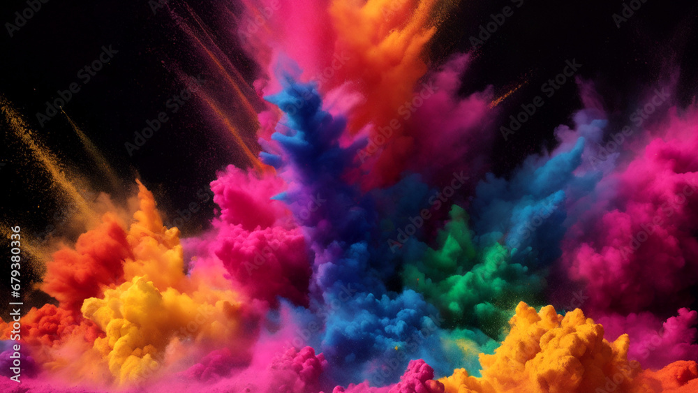 Explosion of rainbow colored powder on black smoky background