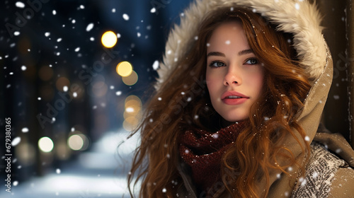 a Beautiful young woman in the snow at Christmastime