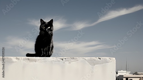 Black cat sitting on a white wall with blue sky in the background. 