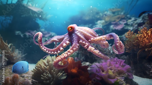 Octopus on coral reef. Underwater world.