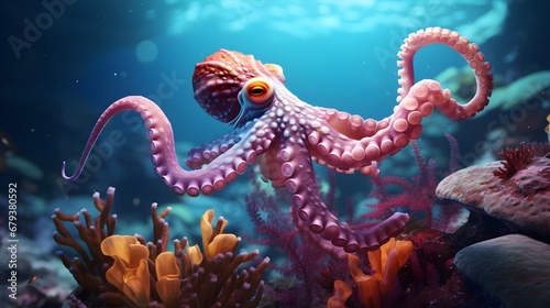 Octopus on coral reef. Underwater world.