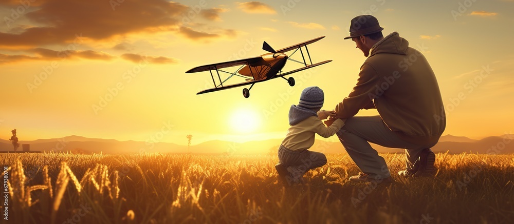 Father and son playing with aircraft together against sunset at summer day - obrazy, fototapety, plakaty 