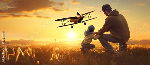 Father and son playing with aircraft together against sunset at summer day