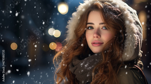 a Beautiful young woman in the snow at Christmastime