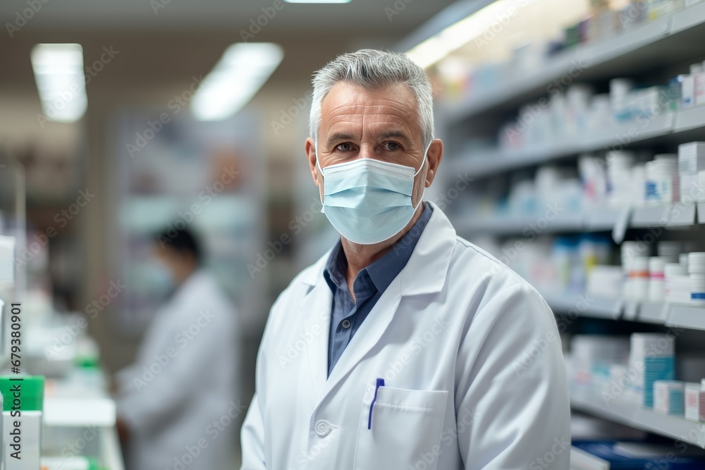 Portrait of mature Caucasian male pharmacist wearing protective mask among shelves of medicines in pharmacy. Experienced confident professional in workplace. Healthcare and hygiene concept.