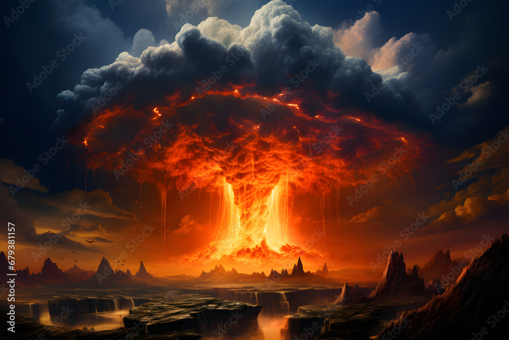 A nuclear explosion,  flash of light, a giant column of fire and clouds of smoke. The release of radiant energy. Environmental disaster. An explosion in the form of a huge mushroom.
