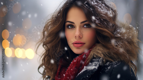 Beautiful woman walking in a park on a winter day at Christmastime