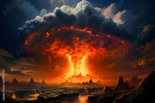 A nuclear explosion, flash of light, a giant column of fire and clouds of smoke. The release of radiant energy. Environmental disaster. An explosion in the form of a huge mushroom.
