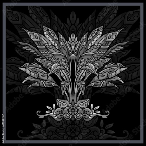 Monochrome chlorophytum amaniense plant mandala arts isolated on black background. photo