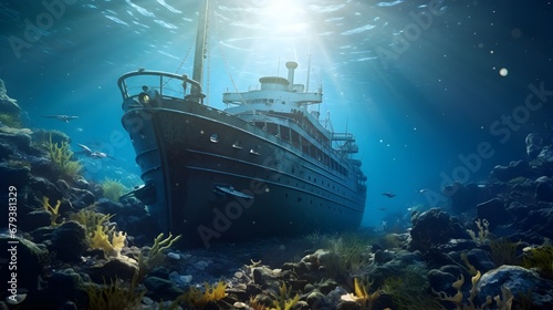 Underwater view of a sunken ship on the seabed. Underwater view of the shipwreck in the sea.