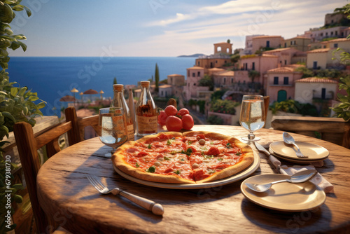 Italian pizza with a magnificent sea view