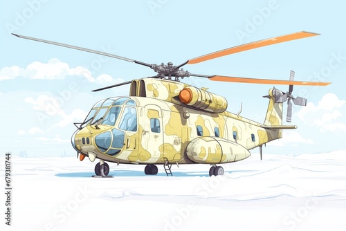 winter-camouflaged military helicopter on snow field