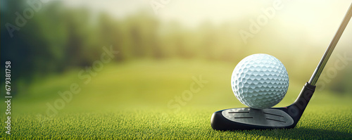 Golf tee on green meadow and white ball in cut grass ready to play golf. banner