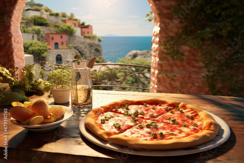 Italian pizza with a magnificent sea view