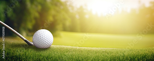 Golf tee on green meadow and white ball in cut grass ready to play golf. banner