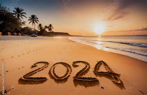 New year 2024 concept. Text 2024 written on sandy beach during sunset. New Year Start. Copy Space. photo