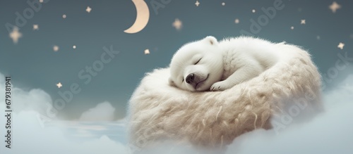 Rendering Cute white baby bear animal sleeping on the Crescent moon © orendesain99