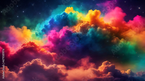Bright color rainbow clouds on black smoky with sparkling stars background