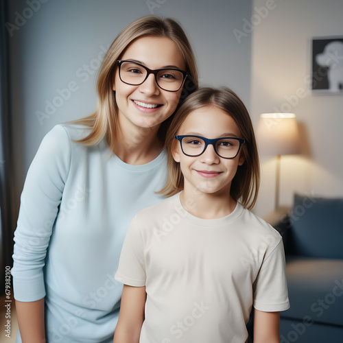older sister and brother with glasses smiling, bright and cozy apartment