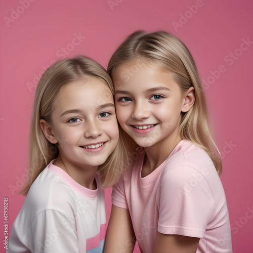 children 5-7 years old, cute sisters in white t-shirts on a pink background