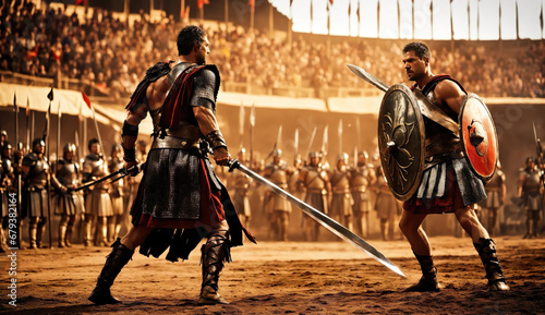 Fight of two Roman soldiers. Digital art. Colosseum warriors fighting in gladiator's arena. greek soldiers with sword and shield. warriors on arena background. Generative AI.