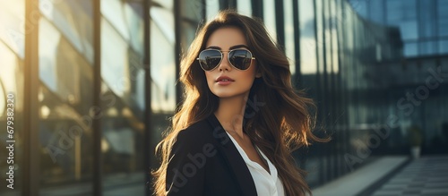 Portrait brunette businesswoman wearing suits on the town street at sunny day