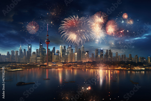 A skyline illuminated with fireworks, signaling the grand entrance of the new year. Concept of vibrant celebrations and city lights. Generative Ai.