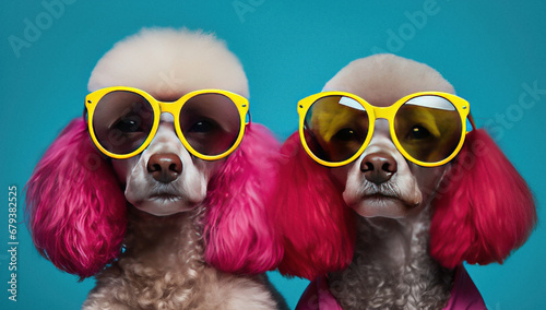 Two lovely poodles wearing sunglasses with vibrant colored frames and colorful hair