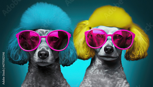 Two lovely poodles wearing sunglasses with vibrant colored frames and colorful hair photo