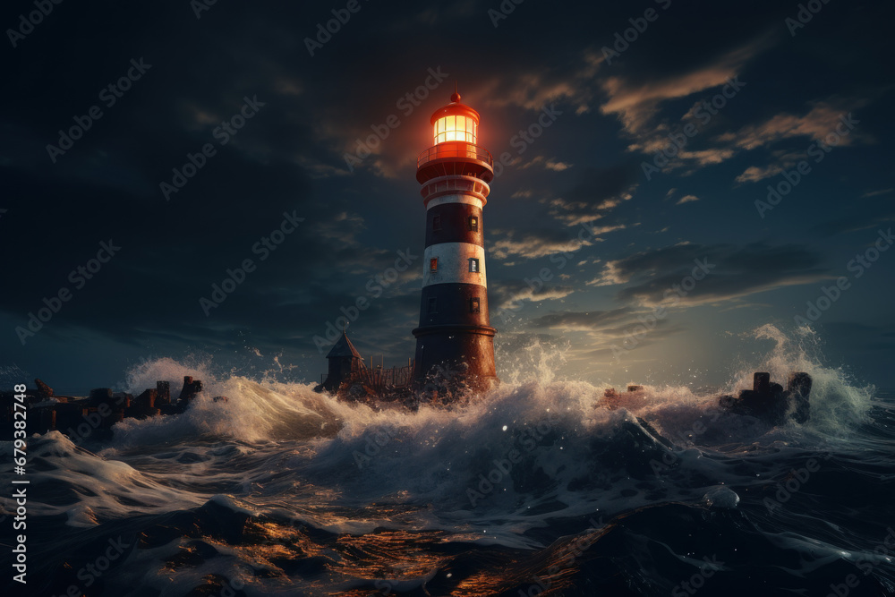 A glowing lighthouse against a dark sea, representing guidance and hope in navigating the uncertainties of the new year. Concept of optimism and direction. Generative Ai.