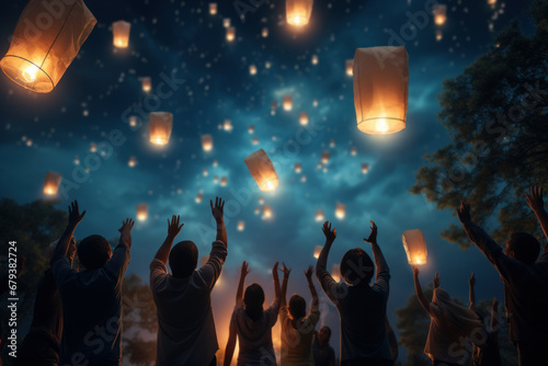 A group of friends releasing sky lanterns into the night sky, creating a beautiful display of floating lights. Concept of shared aspirations and dreams. Generative Ai.