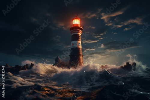 A glowing lighthouse against a dark sea  representing guidance and hope in navigating the uncertainties of the new year. Concept of optimism and direction. Generative Ai.