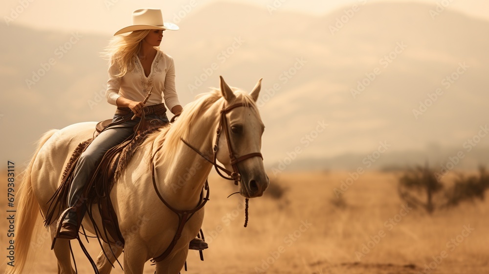 Cowgirl riding horse on dramatic sunset background. AI generated image - obrazy, fototapety, plakaty 