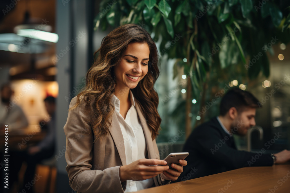 A businesswoman in a casual setting, using a smartphone for remote work. Concept of flexibility and work-life integration. Generative Ai. A businesswoman in a casual setting, using a smartphone for remote work. Concept of flexibility and work-life integration. Generative Ai.