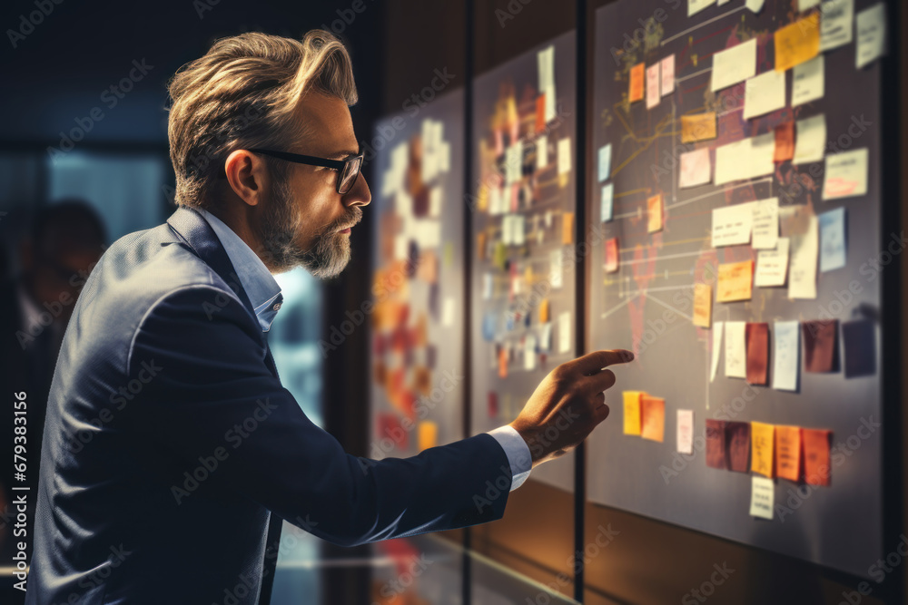 A businessman in a strategic planning session, mapping out goals on a whiteboard. Concept of visionary leadership. Generative Ai. - obrazy, fototapety, plakaty 