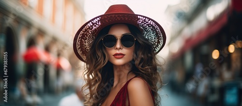 Portrait young woman wearing dress an hat on the city street background © orendesain99