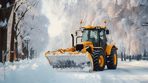 snow removal equipment, a yellow tractor with a bucket cleans snow from the road. cleaning snowdrifts from the street in winter. special equipment. photo