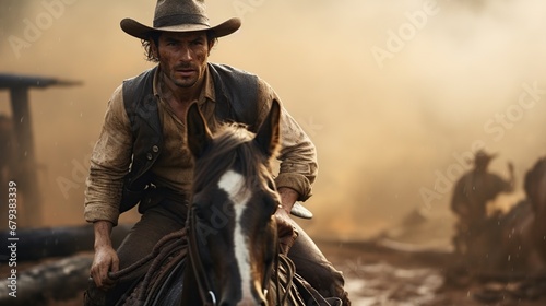 Handsome cowboy riding horse with dust on sunset background. AI generated image © orendesain99
